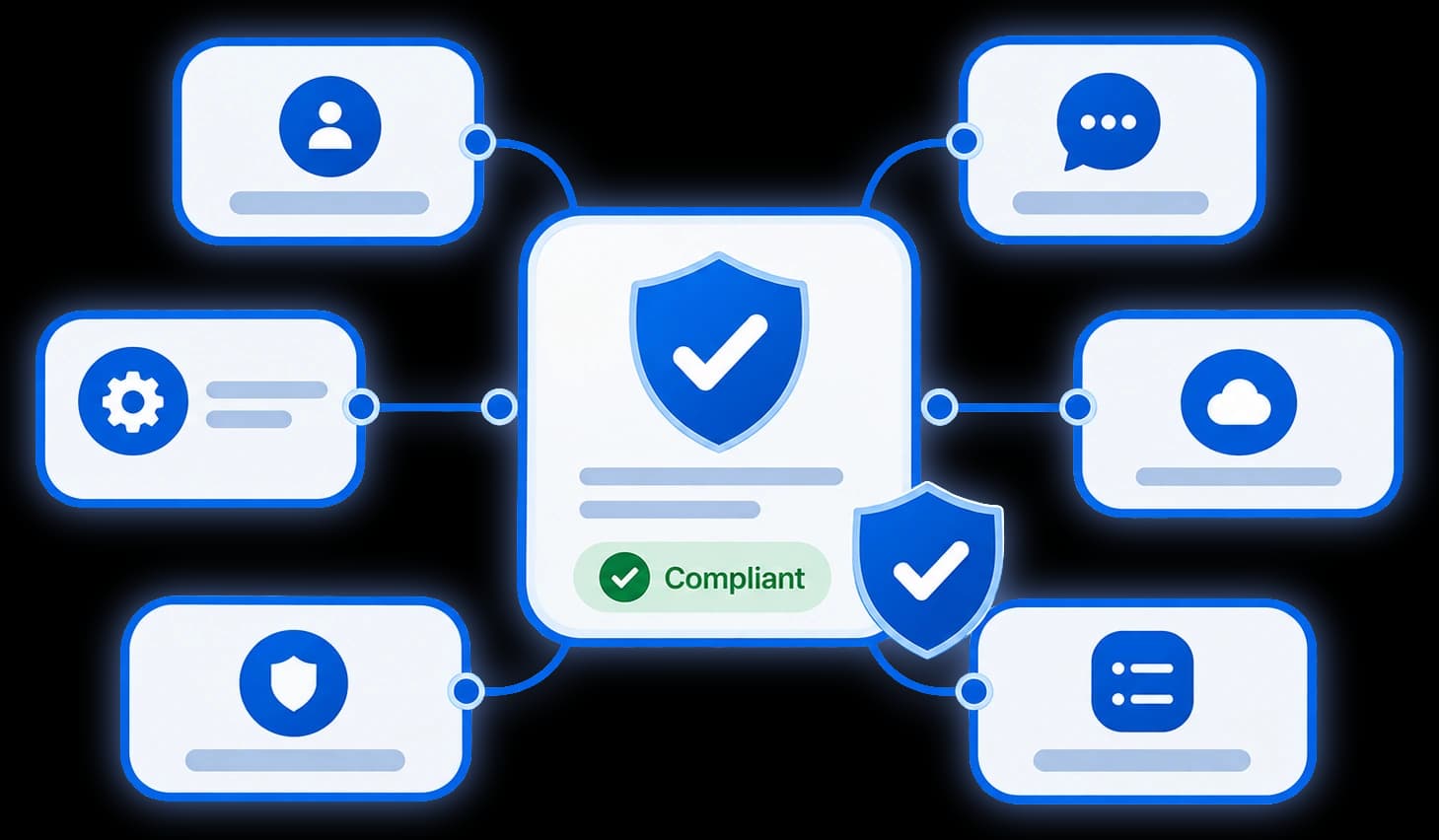 Illustration: shield icons marking a compliant, official connection
